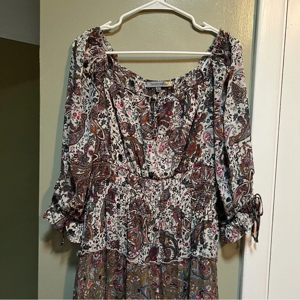 Figueroa & Flower Women's Size Large Midi Dress Boho Paisley Floral Off Shoulder